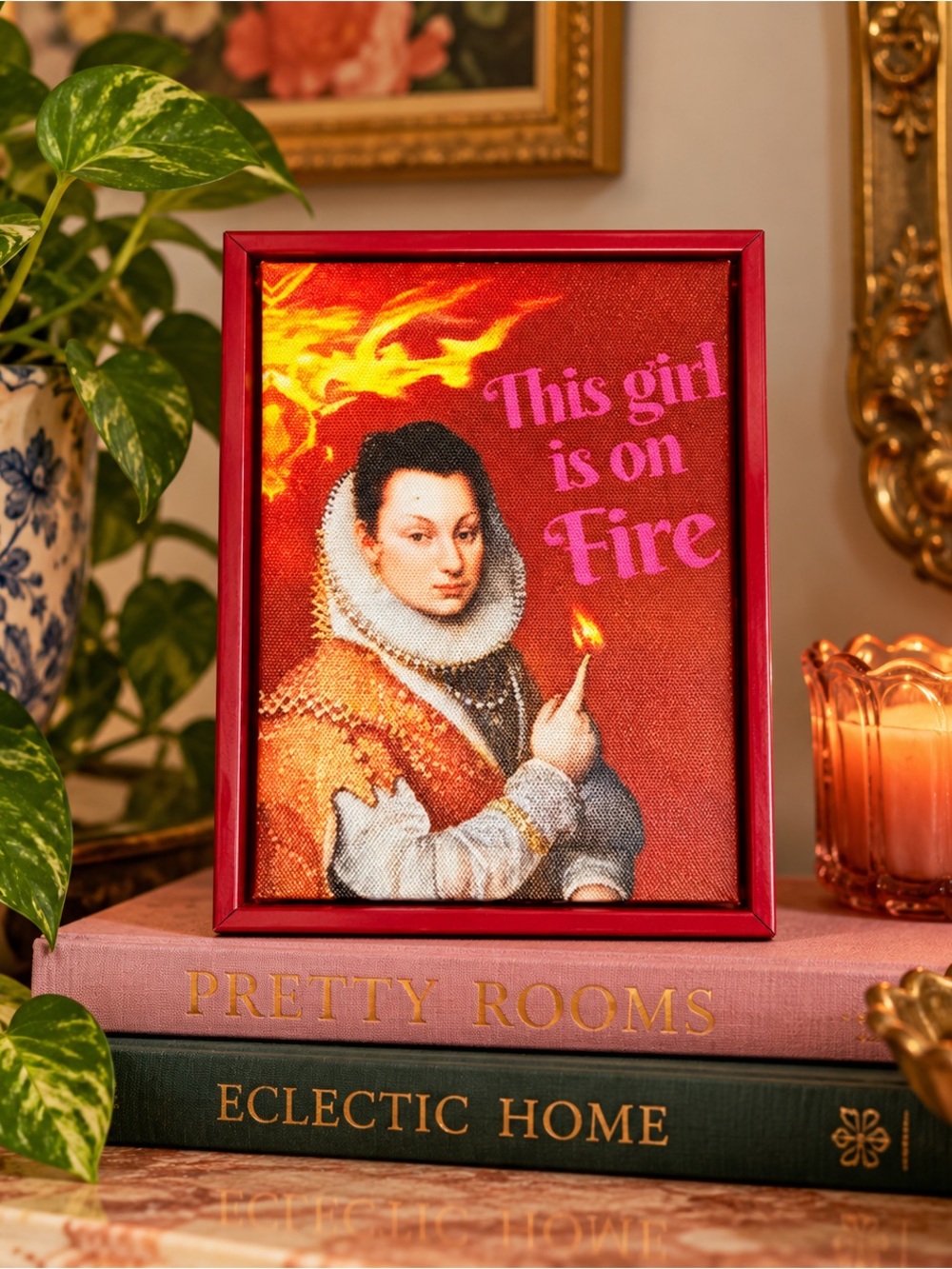 This Girl Is On Fire Framed Art Funny Renaissance Portrait 5x7